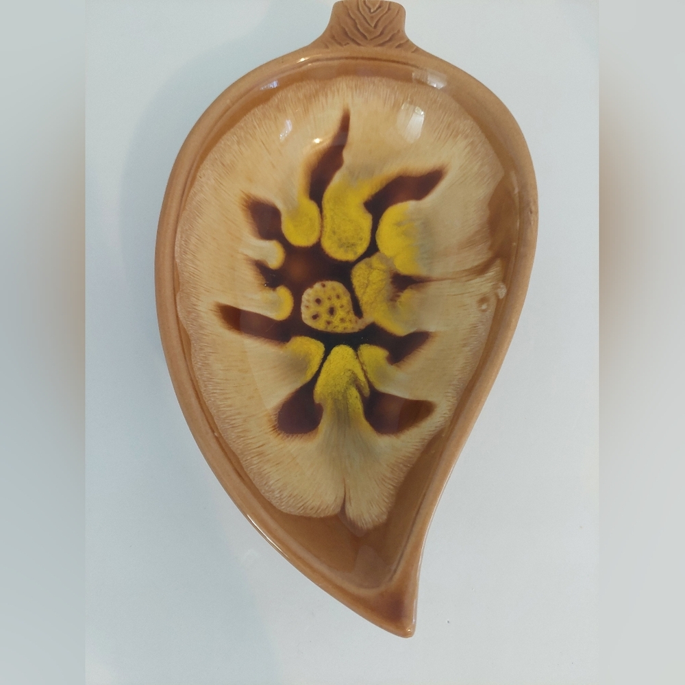 MCM Vintage pottery drip glaze leaf dish bowl trinket dish